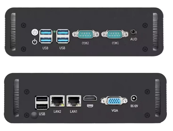 ARQ gateway front and rear I/O panels showing USB, serial, dual LAN, HDMI, and VGA ports
